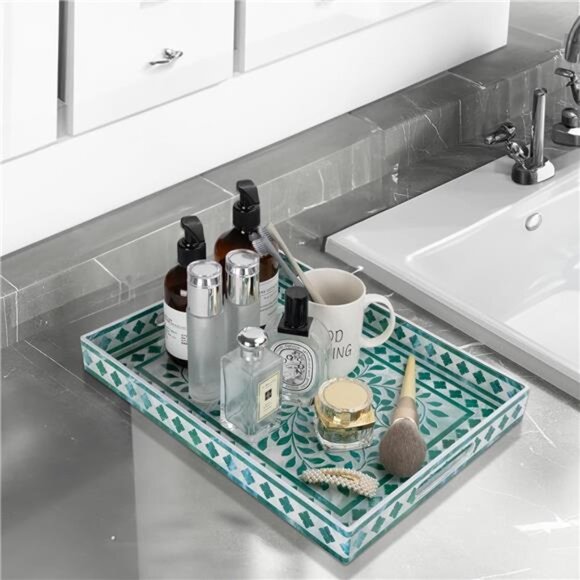 Green Rectangular Serving Tray Decorative Plastic Tray with Handles for Home - Picture 2 of 8